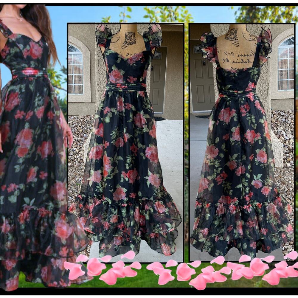 Lulus  Black Floral Organza Ruffled Tiered Befitting Glamour Maxi Dress Size L
